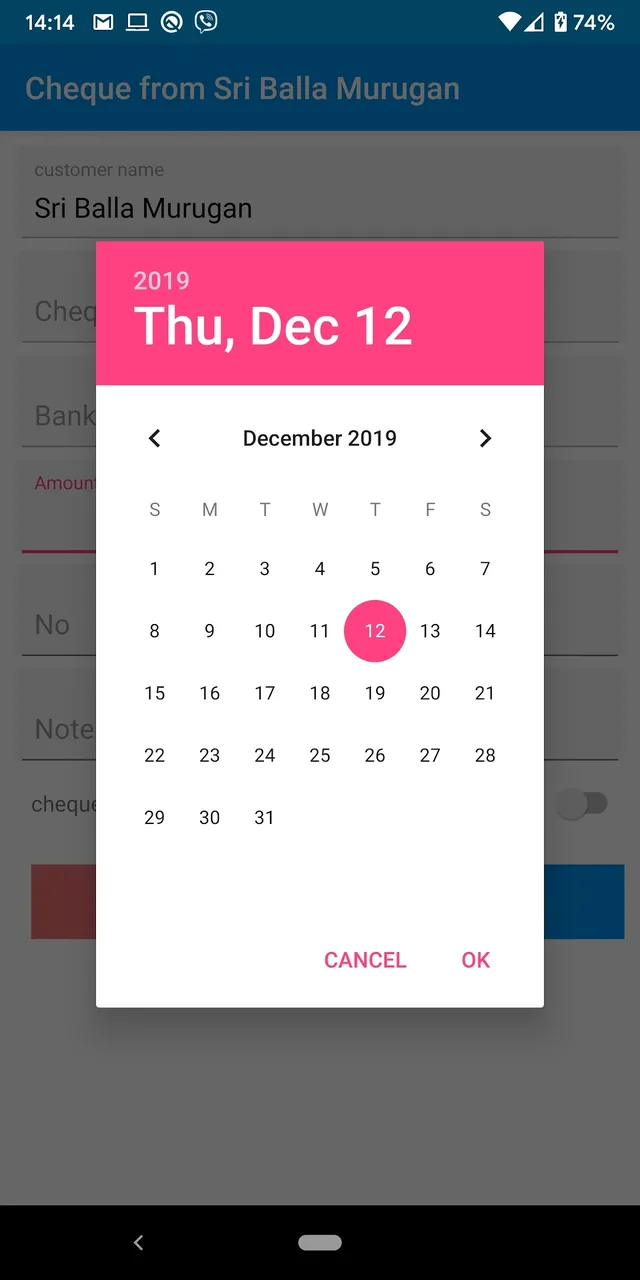 Easy Biz cheque management date selection screen
