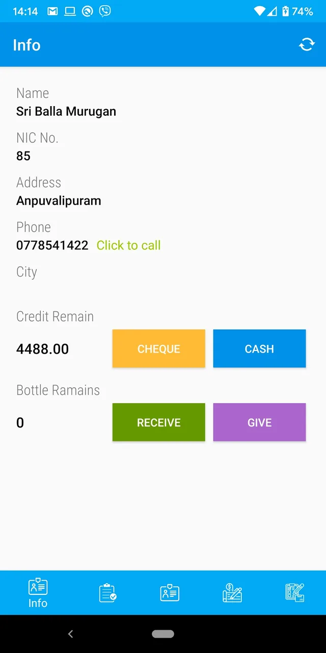 Easy Biz customer credit screen with cash and cheque collection actions