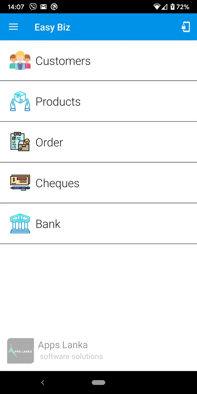 Easy Biz Android app main menu with customers, products, orders, cheques, and bank modules
