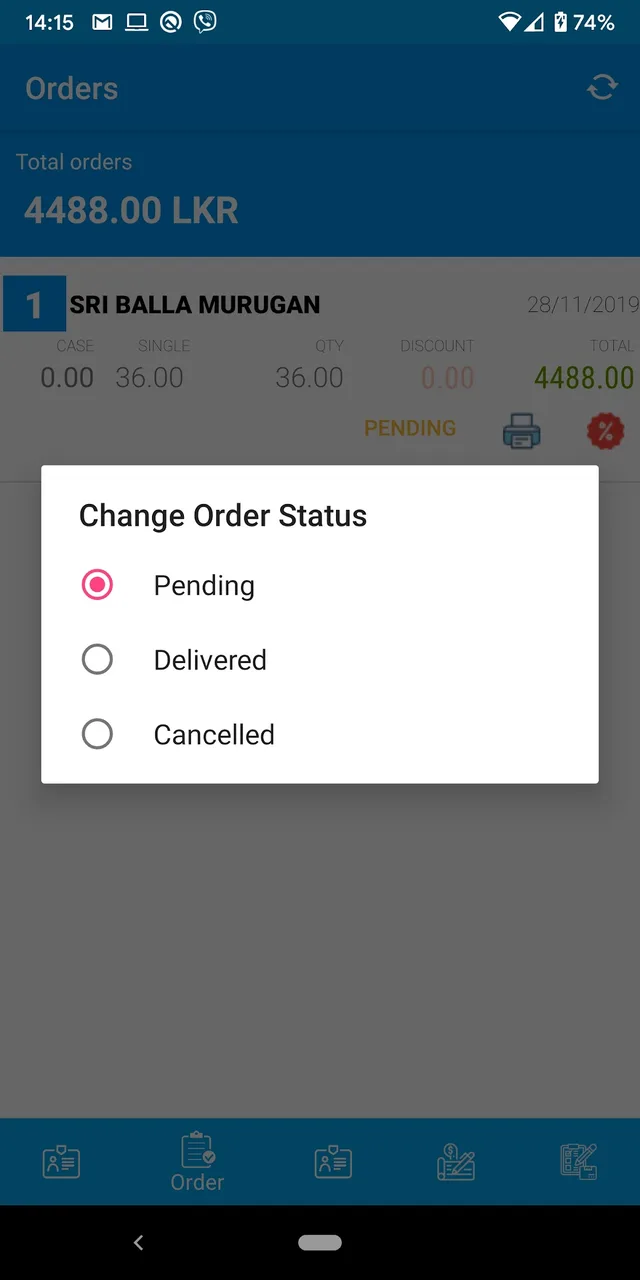 Easy Biz Android order status selection for pending, delivered, or cancelled orders