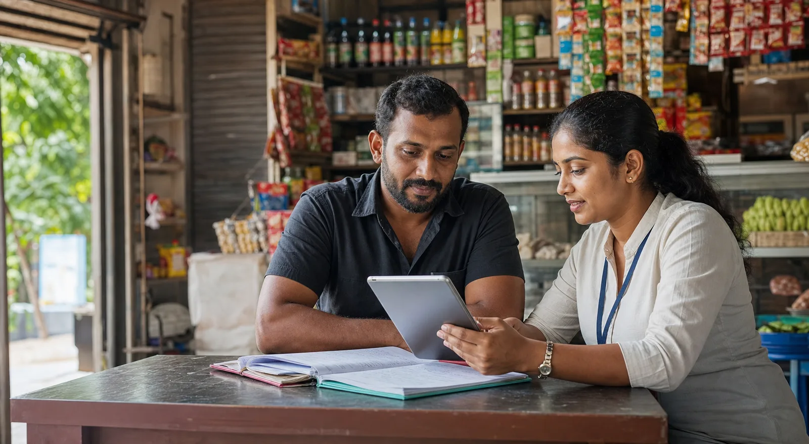 Sri Lankan small-business owner reviewing organized records with a field officer
